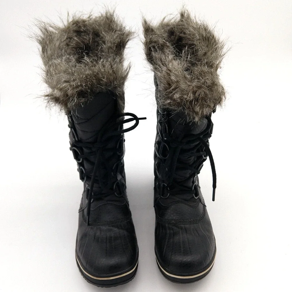 Sorel Tofino II Boots Size 7 Faux Fur Lined Waterproof Black Quilted Lace Up